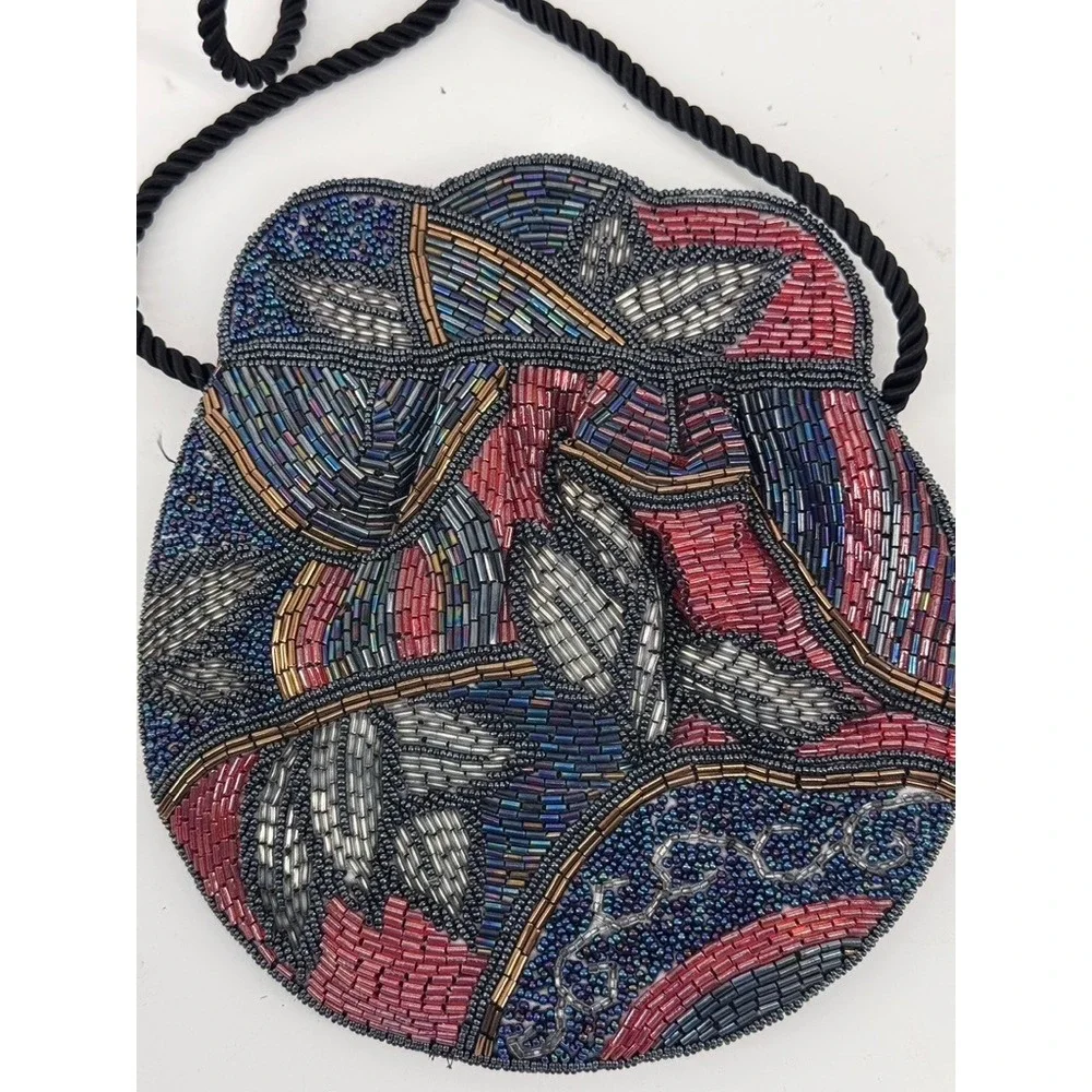Jeromes Beaded‎ Purse Evening Bag Navy Red Floral Vintage